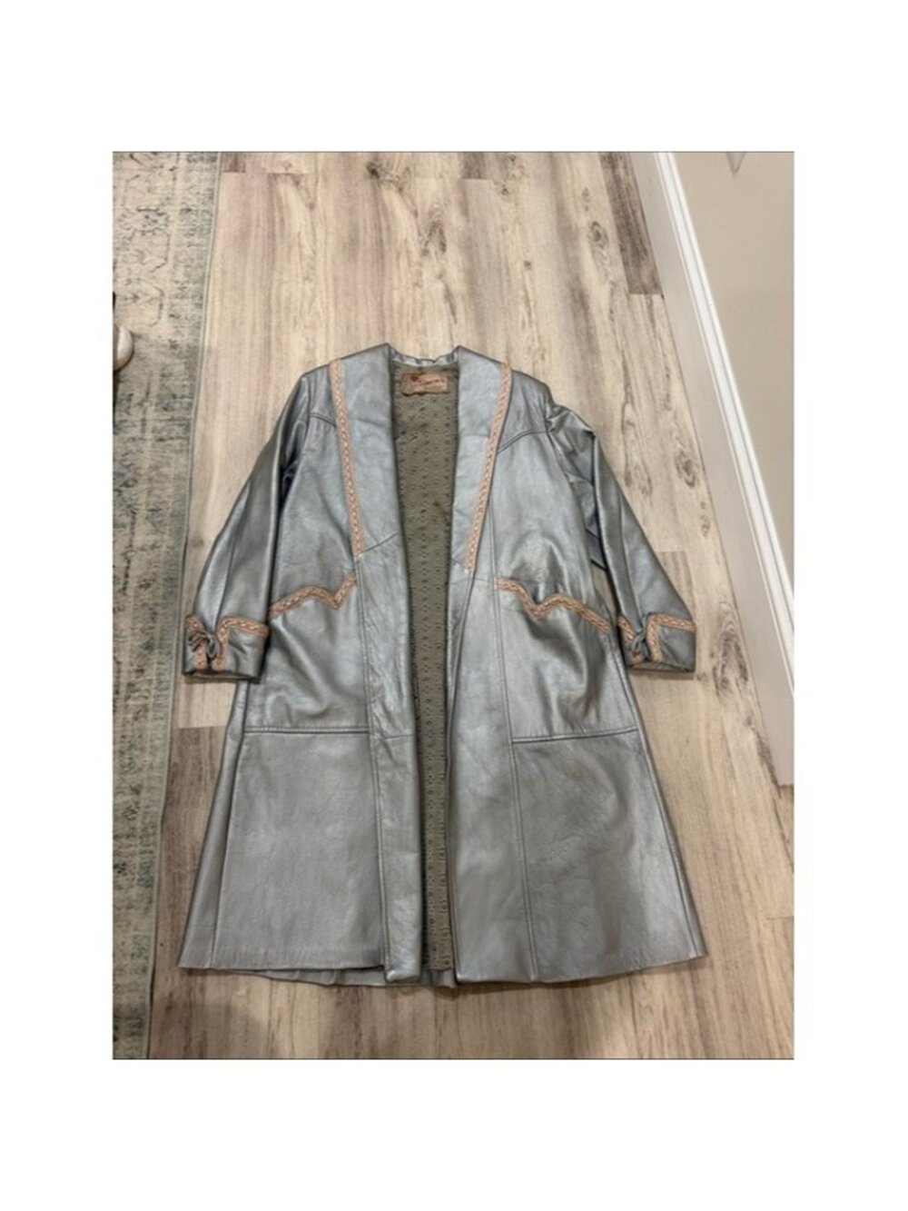 Vintage metallic silver Leather Coat with Embroidered Trim women large